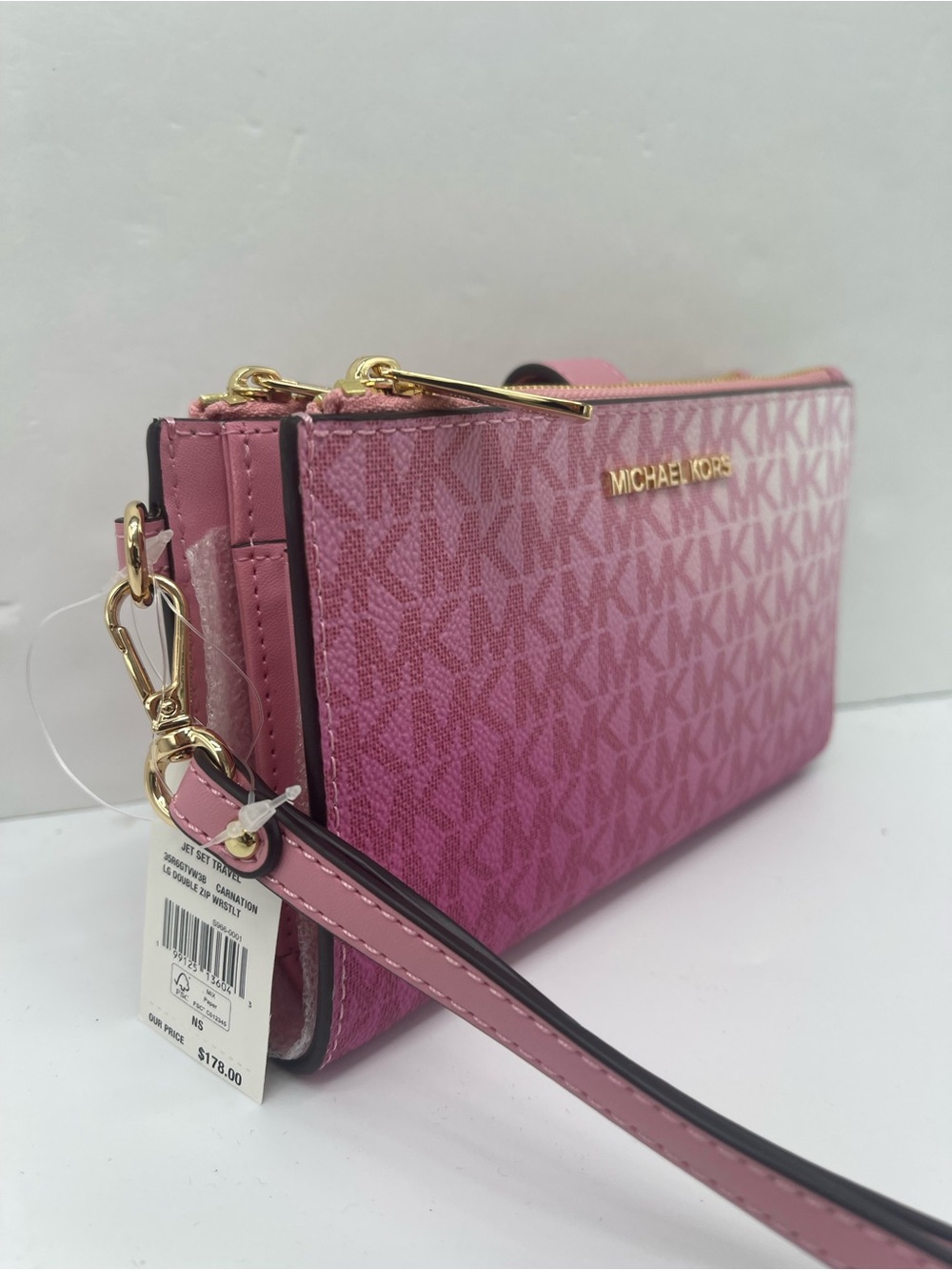 Michael Kors Jet Set Lg Double Zip Ombré Sign Logo Wristlet Wallet Carnation 
NW - Picture 4 of 16